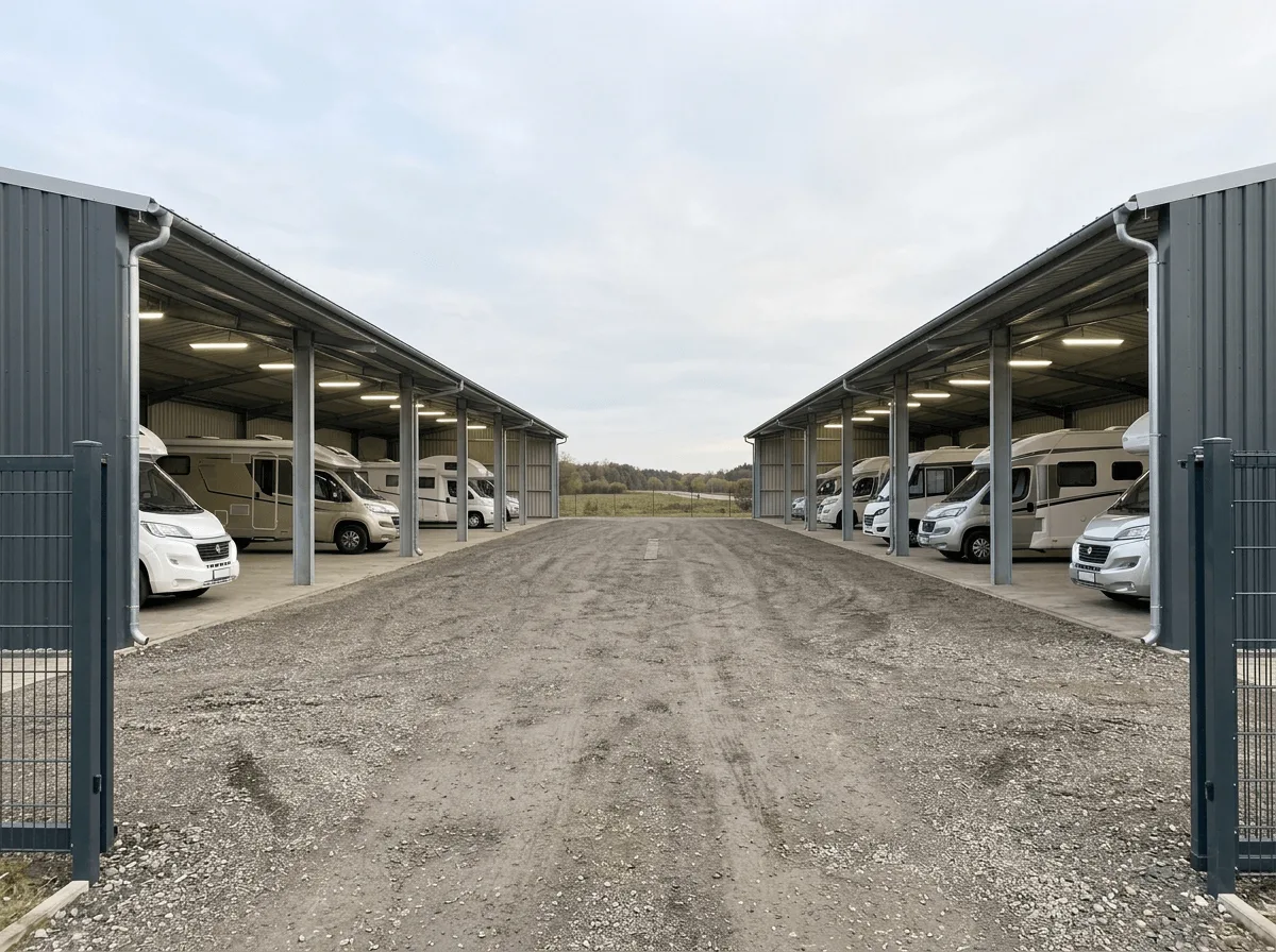 Visualisierung: Blick durch das Tor auf die Einstellhallen